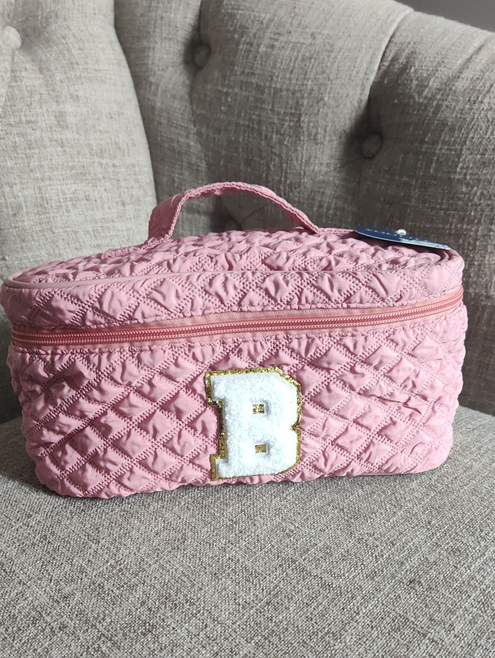 Yoolife Pink Quilted Zippered Travel Case with Handle And  'B' Glittered Patch